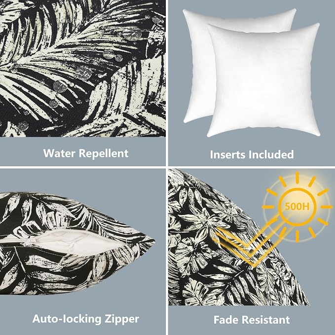 LVTXIII Outdoor Pillows 20x20 Inch, 2 Pack Large Decorative Square Throw Pillows with Inserts for Couch, Bed, Floor Seating, Patio Furniture, Tropical Leaf Black