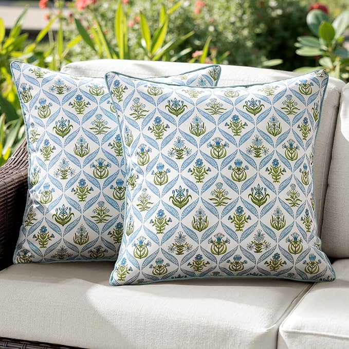 ANRODUO Floral Outdoor Waterproof Pillow Covers Set of 2 Blue 20x20 Inch | Square Block Print Decorative Cushion Cases With Refined Edge Piping for Summer Patio Porch Garden Couch Sofa Bench Decor