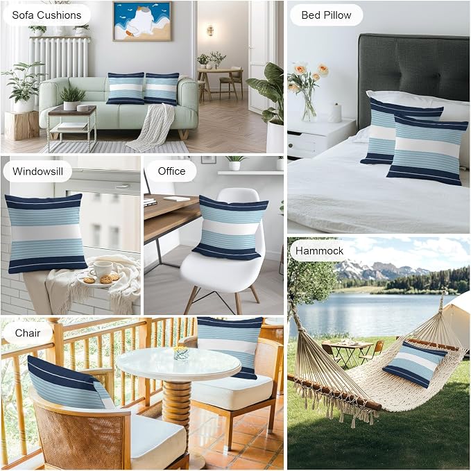 Navy Blue Aqua Stripe Outdoor Pillow Covers Waterproof, All Weather Cushion Case Set of 2, Modern Art Horizontal Striped Decorative Pillowcases for Sofa Couch Bed Decor Patio Furniture 18"x18"