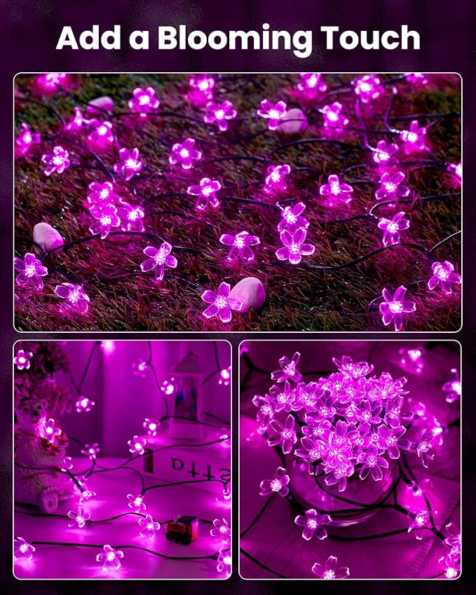 Brightown 2 Pack Total 52FT 120 LED Flower Solar String Lights Outdoor Waterproof Fairy Lights for Garden Yard Fence Patio Christmas Tree Wedding Party Decor, Pink