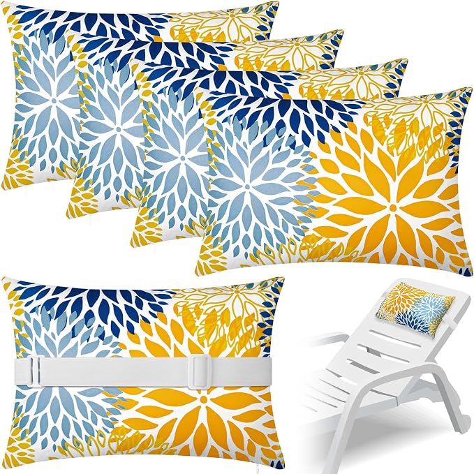 Lineshading 4 Pcs Chaise Lounge Pillow with Strap Outdoor Waterproof Pool Chair Neck Headrest Pillows with Adjustable Elastic Band for Beach Patio Chair Recliner(Yellow,Floral)