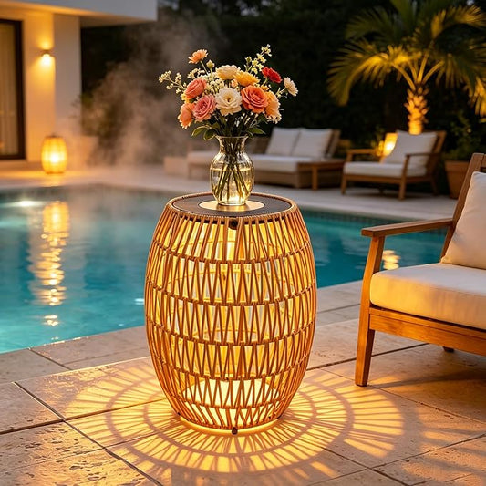 Solar Outdoor Side Table, Boho Handwoven Drum Rattan, 12.8" D x 16.9" H | 3-Color Temperature Light, Patio End Table, Dusk to Dawn Auto Sensor, IP65 Waterproof, For Porch Balcony Garden