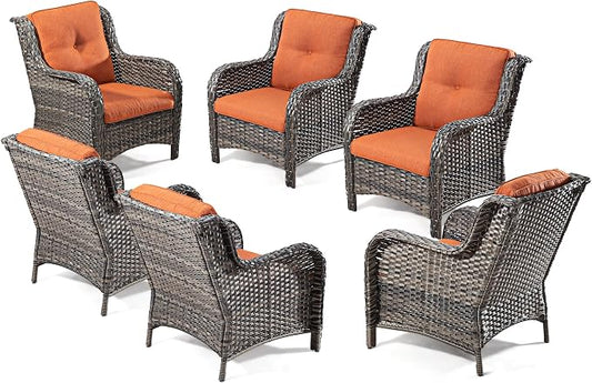 Outdoor Wicker Chair Rattan Patio Dining Chairs Set of 6 PE Wicker Patio Chairs with 4 inch Seat Cushions Patio Seating Chair for Garden, Backyard Swimming Pool, Balcony, Orange