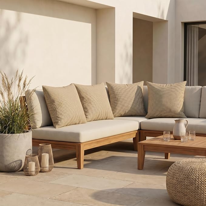 RSH DECOR: Square Throw Pillows Set of 4 | 17" x 17" | Water and Fade-Resistant Performance Fabric | Outdoor Pillow Covers with Down-Alternative Inserts | Made in USA (Trixie Wicker)