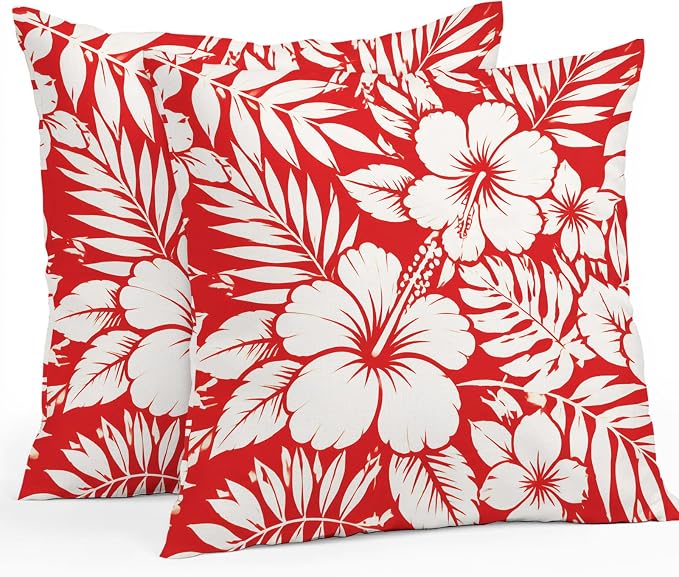 Red Hibiscus Flowers Waterproof Outdoor Pillow Covers Set of 2 Home Decor, Tropical Monstera Leaves Lumbar Pillowcase Patio Pillow Covers for Couch Bench Patio Furniture Garden 20x20in