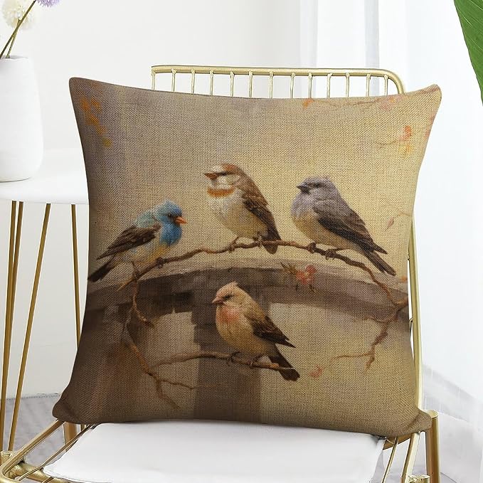 Sofa Pillow Case Colorful Birds are Sitting on A Branch Cushion Covers 16"x16" Oil Painting Rustic Forest Wildlife Birds Tree Branches Modern Pillow Cover Decor for Sofa Couch