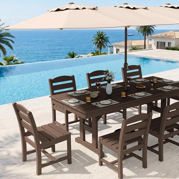 KINGYES Outdoor Armless Dining Chairs Set of 8,All-Weather HDPE Patio Chairs for Backyard,Pooside,Brown