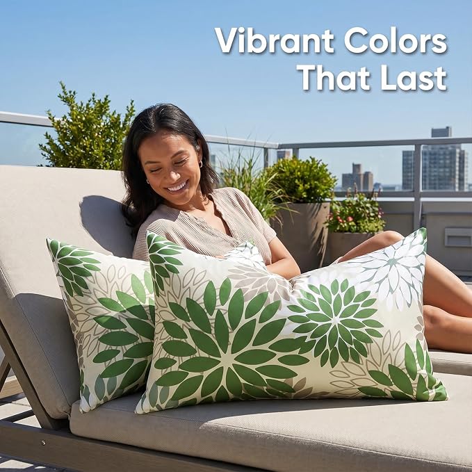 Dahlia Flowers Throw Pillow Covers 12×20 Inches Pack of 2 Outdoor Waterproof Pillow Case Green and Grey Decorative Cushion Covers With Invisible Zipper for Patio Furniture Sofa Garden Living Room