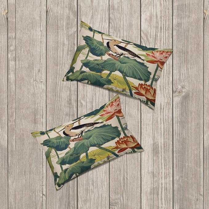 Set of 2 Chinese Pond Bird Decorative Throw Pillow Covers 12x18in Farmhouse Rectangle Accent Pillow Cases Cushion Cover Cases for Sofa Chair Bedroom Home Decor