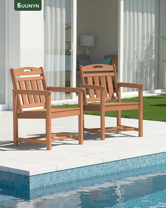 Set of 2 Weatherproof Patio Chairs - HDPE Outdoor Dining Chairs with Wide Seat, Ergonomic Design - for Garden, Backyard, Deck - Teak