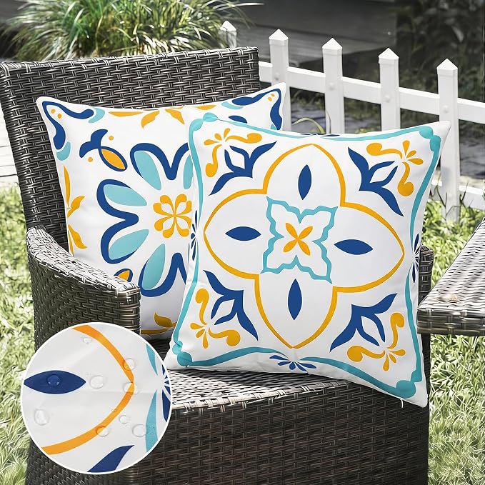 Merrycolor Summer Outdoor Waterproof Throw Pillow Covers 18x18Inch Set of 4 Boho Farmhouse Coastal Decorative Pillowcases Print Flowers Accent Cushion Covers for Couch Patio Swing and Garden Sofa