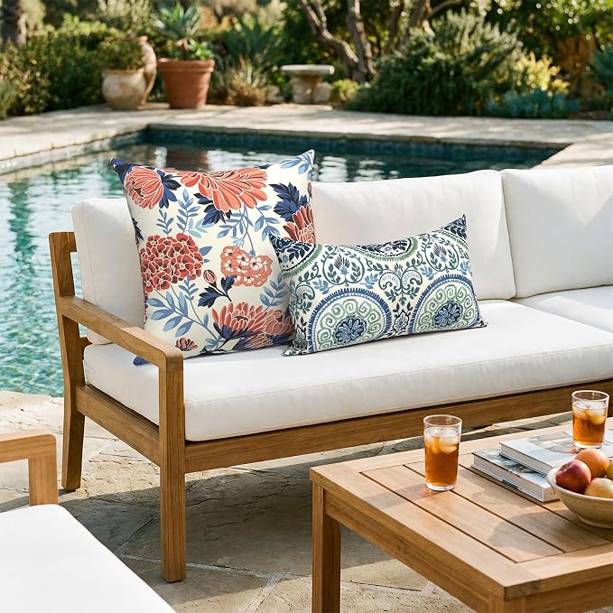 Pack of 2 Patio Throw Pillow Covers ONLY, Water Repellent Cushion Cases 20x20 Inch, Square Pillowcases for Outdoor Couch Decoration, Red Chrysanthemum