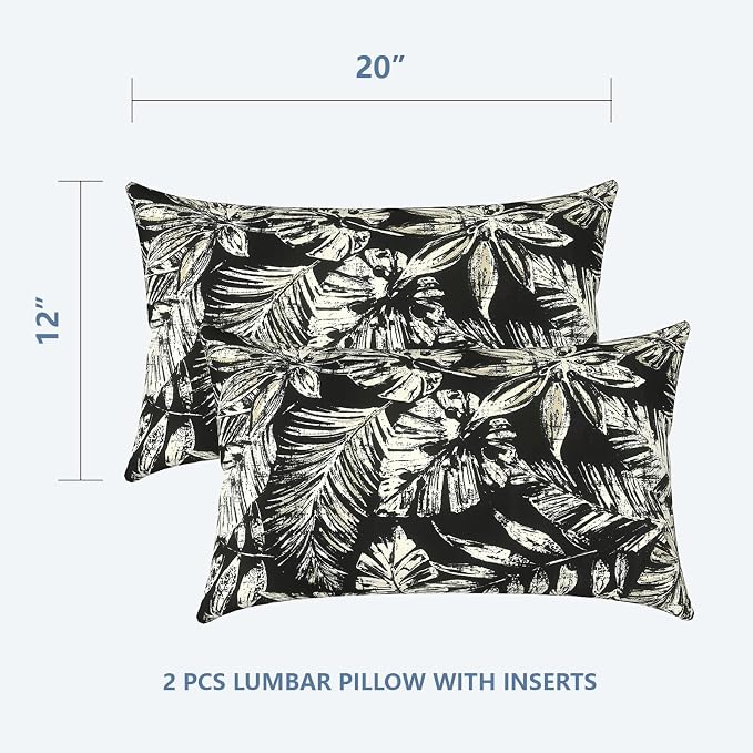 LVTXIII Outdoor/Indoor Lumbar Pillows, Decorative Patio Lumbar Cushions, Fluffy Water Repellent Garden Cushions for Home Patio Coach Sofa Use, 12×20 Inch, Pack of 2, Tropical Leaf Black
