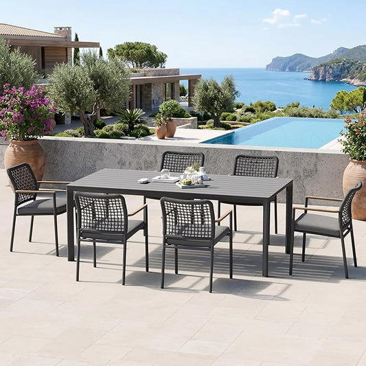 Modern Shade Riviera Outdoor Dining Chairs Set of 6, Fade Resistant, All-Aluminum Woven Rope Outdoor Chairs with FSC Teak Wood Armrests, Weather-Resistant Patio Chair with Quick Dry Cushion, Gray