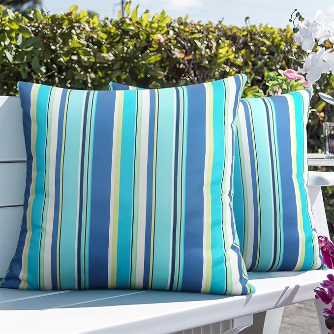 Adabana Patio Striped Outdoor Pillow Covers Waterproof Set of 2, 16"x16" | Colorful Decor, Blue Outdoor Pillows for Patio Furniture Garden Porch