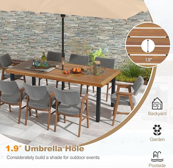 Tangkula 79" Acacia Wood Patio Dining Table for 8, Large 8-Person Outdoor Dining Table with 1.9" Umbrella Hole, Metal Legs & Adjustable Foot Pads, Rectangular Outside Table for Garden, Poolside & Yard