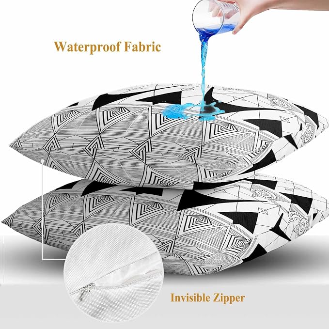 Throw Pillow Covers 16x16 Inch Set of 2, Black White Geometric Waterproof Outdoor Pillow Covers, Vintage Art Striped Decorative Cushion Pillowcases for Couch, Sofa, Bed, Garden, Patio