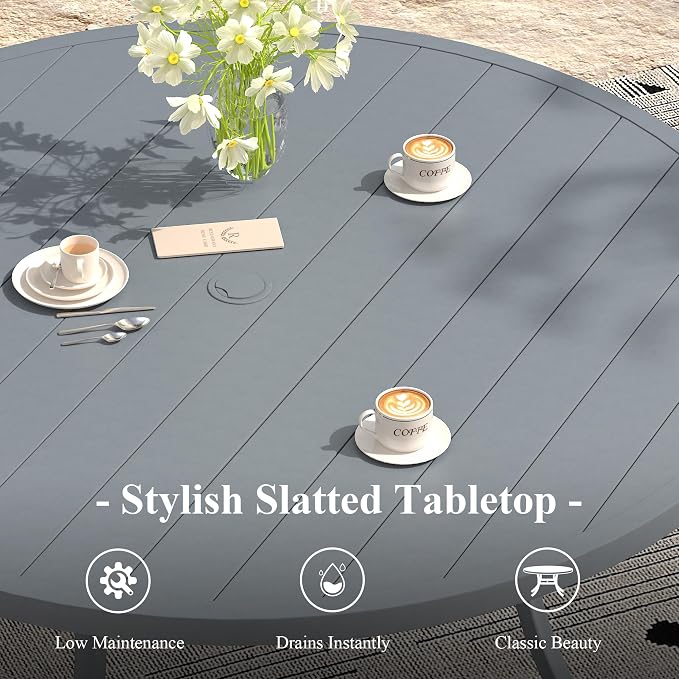 Outdoor Dining Table for 8, 53" Round Outdoor Table with Adjustable Umbrella Hole, All-Weather Metal Patio Dining Table for Lawn Garden Backyard Deck, Dark Grey