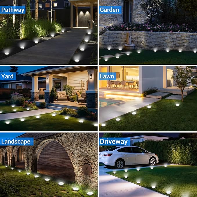 Solar Ground Lights Outdoor, 6 Pack Flat Solar Powered Disc Lights, IP68 Waterproof, Anti-Rust, Landscape Lighting for Pathway Garden Yard Lawn Walkway Landscape Driveway, Mini, Cool White