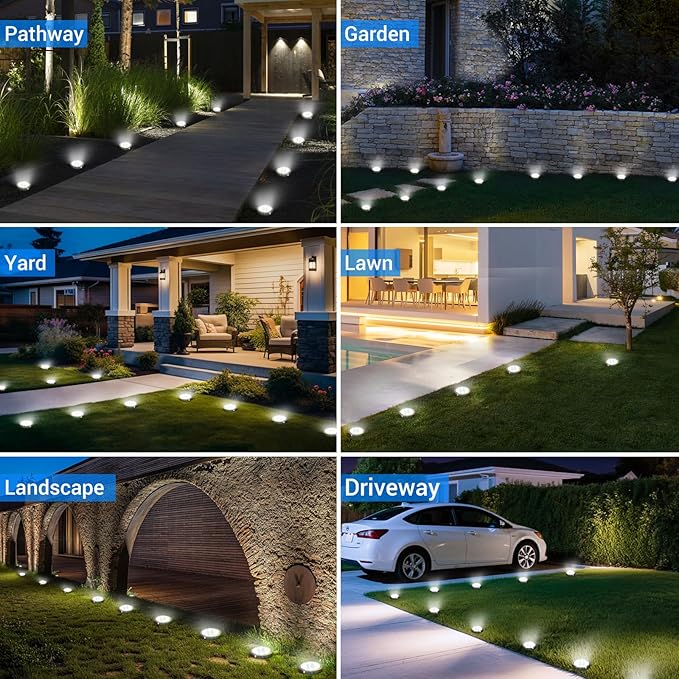 Solar Ground Lights Outdoor, 24 Pack Flat Solar Powered Disc Lights, IP68 Waterproof, Anti-Rust, Landscape Lighting for Pathway Garden Yard Lawn Walkway Landscape Driveway, Cool White
