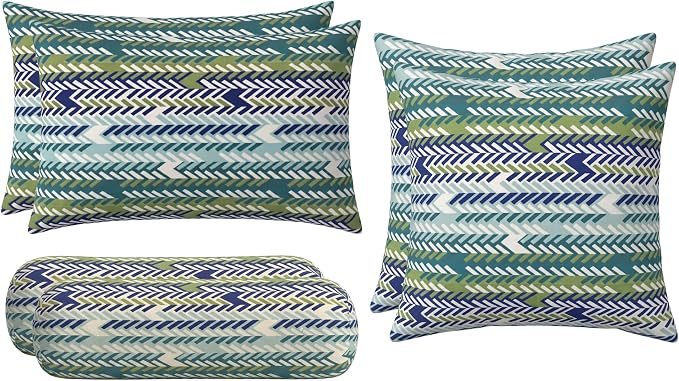RSH DECOR: 6-Pack Pillow Set | Sunbrella Performance Fabric |Water & Fade-Resistant| 17" Square, 20"x12" Lumbar, 20"x6" Neck Roll | Outdoor Pillows for Patio Furniture | Made in USA (Escape Sky)