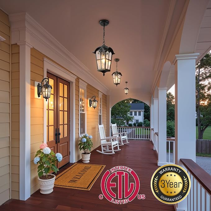 VIANIS Black Large Outdoor Pendant Light, Vintage Outdoor Chandelier with Gold Trim, Outside Hanging Light for Porch, Doorway, Entryway, 100% Aluminum, Anti-Rust Adjustable Length Chandelier