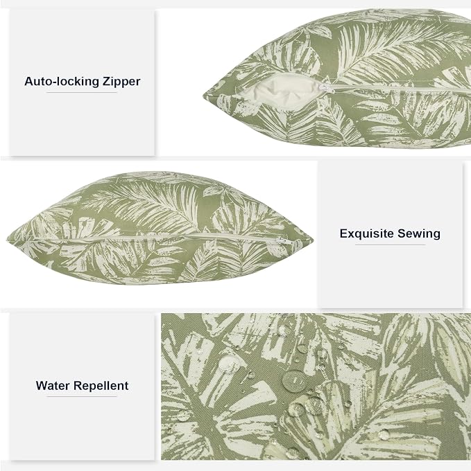 Outdoor Lumbar Pillows 12x20 Inch, Water Repellent Cushion Pillows, Outdoor Pillows with Inserts for Home Garden Pack of 2, Tropical Leaf Green