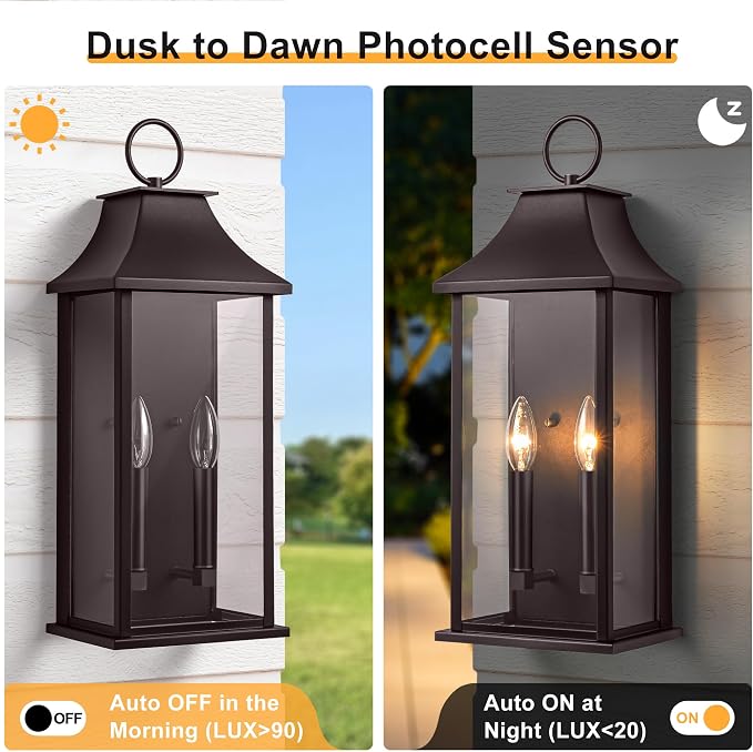 Dusk to Dawn Outdoor Wall Sconces 2-Light, 20.6", Bronze | Large Outside Wall Sconce, Aluminium Wall Light Fixture with Glass, Waterproof Exterior Lamp for House, Porch, Garage
