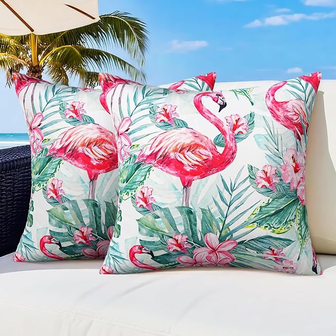Pyonic Waterproof Outdoor Pillow Covers 18x18 inch Tropical Plant and Flamingo Throw Pillow Covers for Summer Patio Furniture Garden Porch Pool Decor