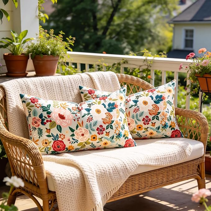 Decorative Outdoor Lumbar Pillow Covers Floral Waterproof Throw Pillow Covers Green Accent Couch Covers Garden Farmhouse Cushion Cases 12x20 Inch Set of 2 for Summer Patio Tent Balcony Furniture Sofa