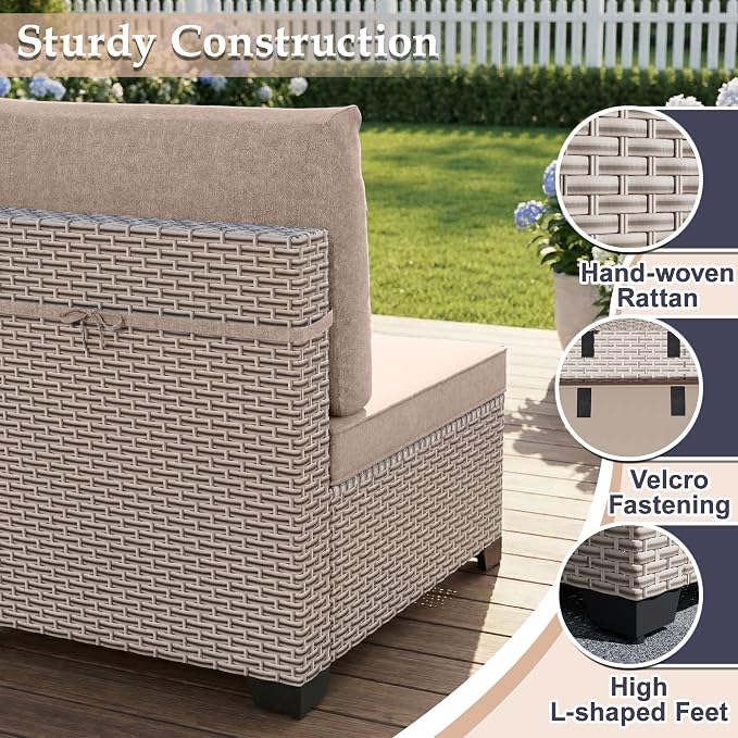 Patio Furniture Set, 9-Piece Outdoor Sectional Sofa with Ottomans & 2-Layer Glass Coffee Table, Wicker Patio Conversation Set with Khaki Cushions for Poolside
