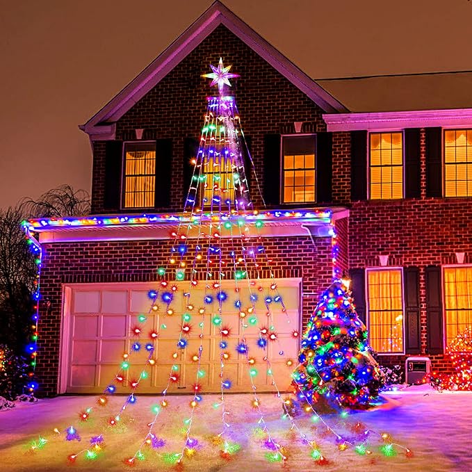 Christmas Decorations, Outdoor Christmas Lights, 320 LED Outdoor Christmas Tree String Lights with 12" Star Toppers [8 Modes& Waterproof] for Xmas New Year Holiday Decor (Dipper Multicolor)