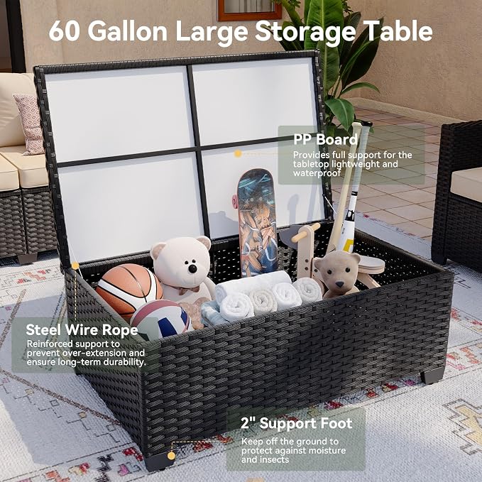 Aoxun Patio Coffee Table with Storage, All Weather Wicker Side Table with Waterproof Cover, Outdoor Storage Coffee Table for Toys and Cushions Black