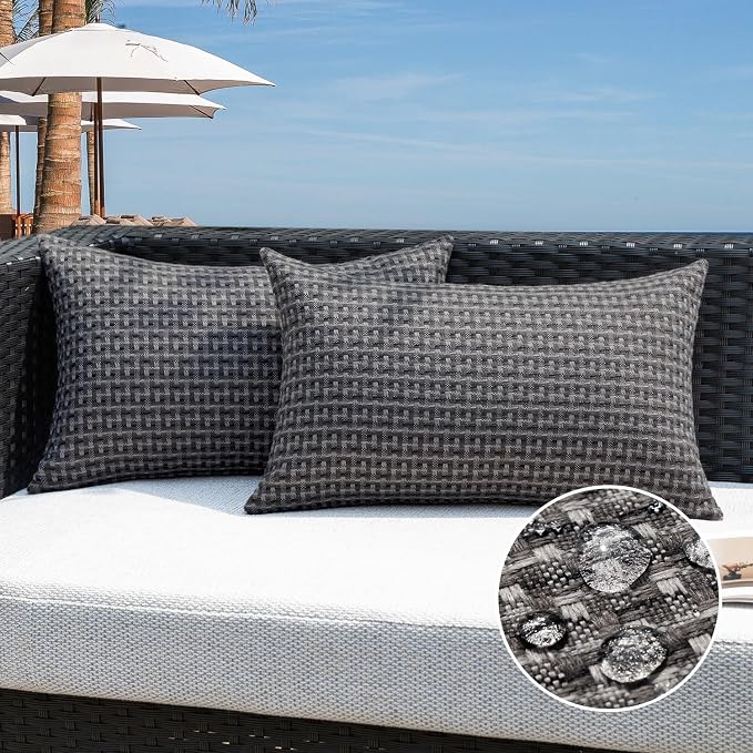 Kevin Textile Outdoor Waterproof 12"x20" Pillow Covers 2 Pack, Dark Grey | Water Resistant Weaving Faux Linen Texture Throw Pillow Covers, Outside Decorative Pillowcases for Garden Patio Balcony Couch