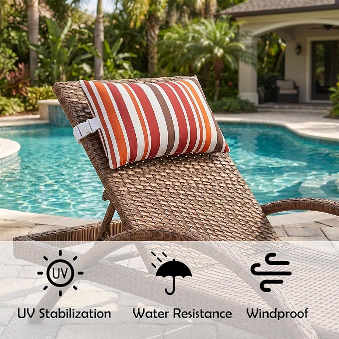 Chaise Lounge Head Pillow Oudoor Patio Pillow with Elastic Strap | 2 Pack Water Resistant Headrest Pillows for Recliner, Beach Chair, Office Chair, Stripes