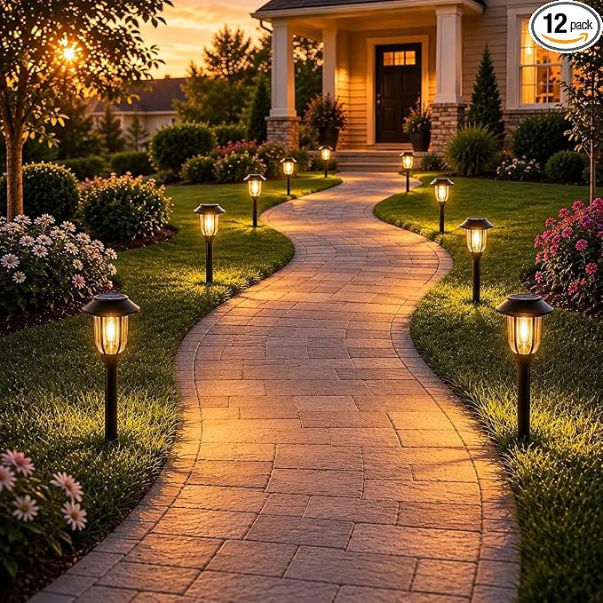 Solar Lights Outdoor 12 Pack, Solar Pathway Lights Warm White, Waterproof Auto On/Off Solar Powered Garden Lights for Yard Landscape, Walkway, Path, Driveway Decor