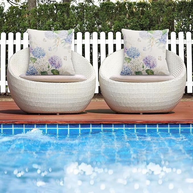 Throw Pillow Covers, Hydrangea, Waterproof, Set of 2, 18 x 18 Inch | Butterfly Outdoor Cottagecore Pillowcase Square Cushion Case Farmhouse Garden Decorative Pillows for Couch Beach Patio