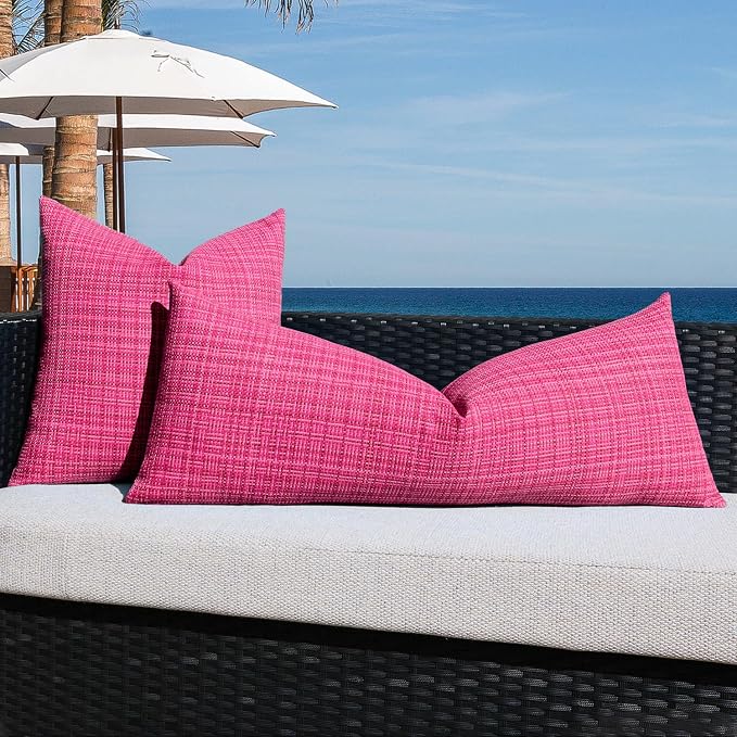 Kevin Textile Outdoor Waterproof 14"x36" Pillow Cover 1 Pack, Hot Pink | Water Resistant, Faux Linen Yarn-dyed, Woven Texture Throw Pillow Covers for Tent Patio Garden Couch Sofa