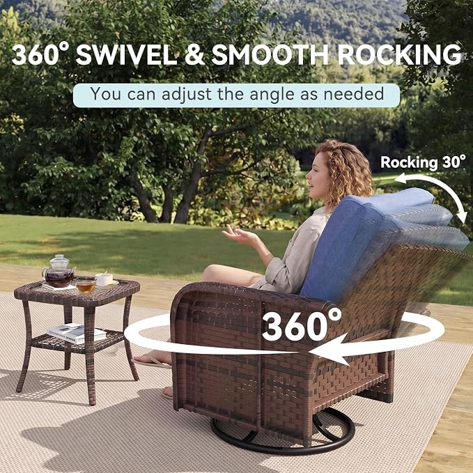 LazySunsets 3 Piece Outdoor Patio Furniture Set, Wicker Rattan Outdoor Furniture with High Back Swivel Rocker Chairs, Outdoor Sofa Set with Thick Cushions & Side Table, Navy Blue