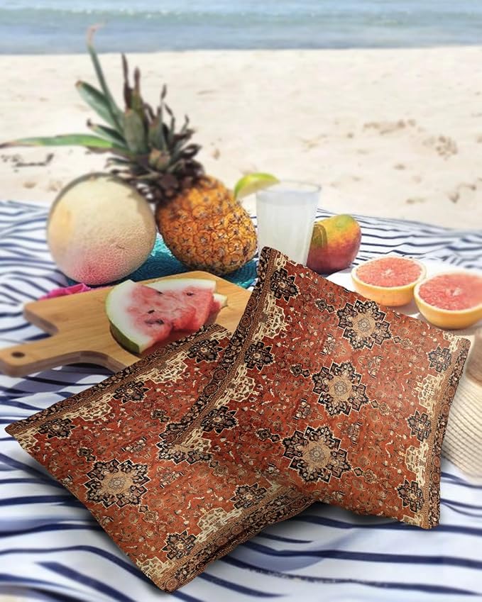Southwest Outdoor Pillow Covers Waterproof, All Weather Cushion Case Set of 2, Geometric Stripe Boho Native Flower Print Decorative Pillowcases for Sofa Couch Bed Decor Patio Furniture 16"x16"