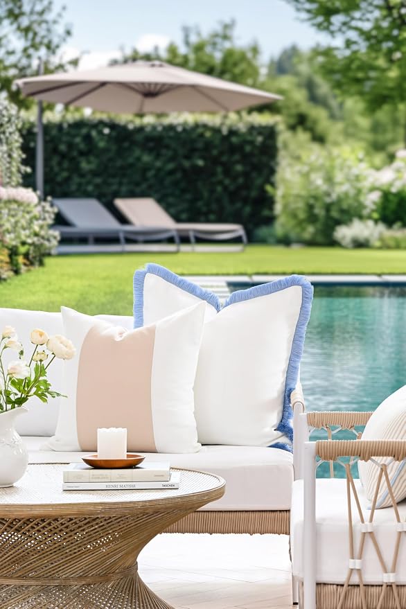 Hofdeco Premium Coastal Hampton Patio Indoor Outdoor Throw Pillow Cover Only, 20"x20" Water Repellent for Backyard, Couch, Poolside, Neutral Tan Print Color Block
