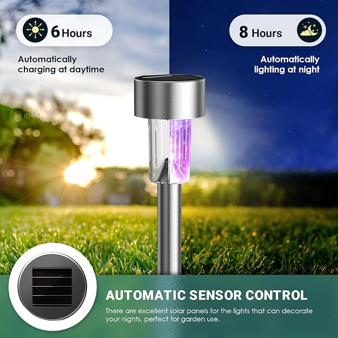 GIGALUMI Outdoor Waterproof Multicolor Solar Garden Lights, 12 Pack | Stainless Steel LED, Color-Changing Glow, Ideal for Patio Lawn Yard Landscape, Garden & Patio Decor