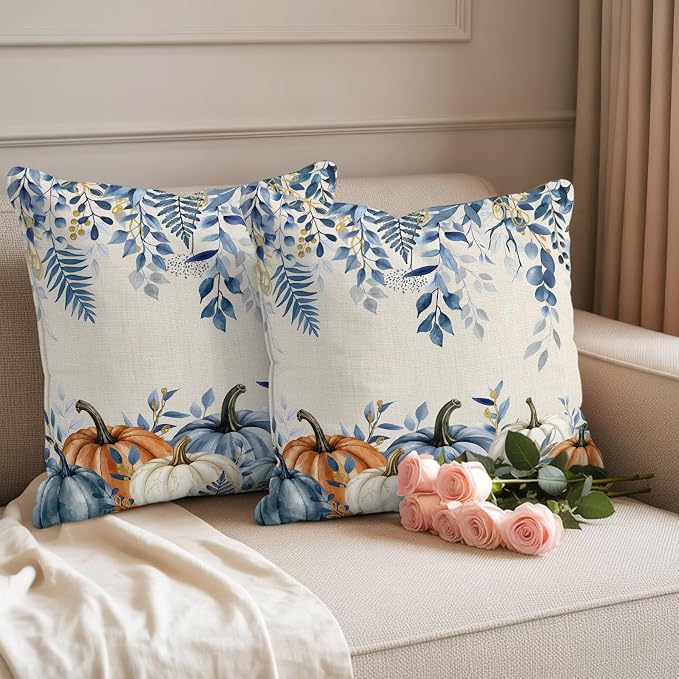 Orange Blue Fall Waterproof Outdoor Pillow Covers 20''x20'' Set of 2, Thanksgiving Eucalyptus Berry Leaves Patio Cushion Covers for Chairs, Decorative Pumpkin Beige Pillow Cases for Garden/Pool/Beach