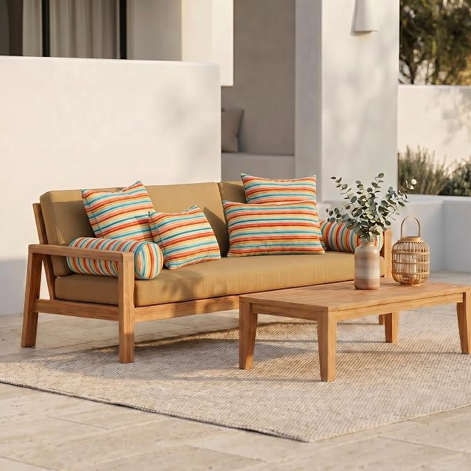 RSH DECOR: 6-Pack Pillow Set | Performance Fabric |Water & Fade-Resistant| 17" Square, 20"x12" Lumbar, 20"x6" Neck Roll | Outdoor Pillows for Patio Furniture | Made in USA (Espy Fresh)