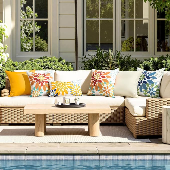 Floral Outdoor Pillow Covers Orange Yellow 16x16 Set of 2 | Waterproof Throw Pillow Cases Spring Decorative Summer Cushion Covers for Patio Furniture Garden Bench Porch Sofa