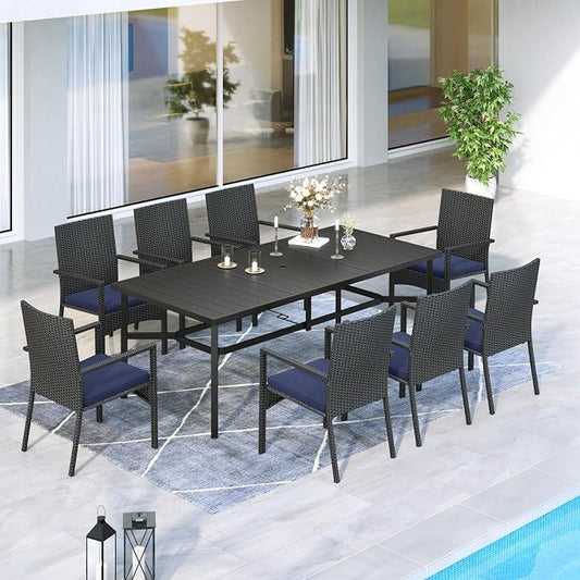 MFSTUDIO 9 Pieces Outdoor Patio Dining Furniture Set with 8 Wicker Chairs, Patio Large Rectangle Metal Table Set for 8 with 1.7'' Umbrella Hole, Outdoor Table and Rttan Chairs Dining Set