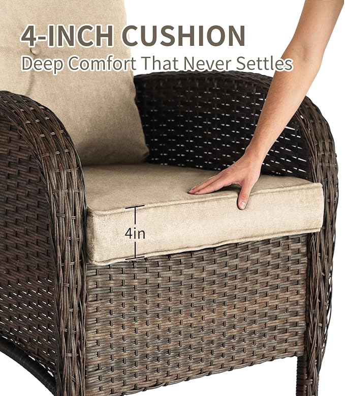 SHGJ&SOFT All Weather Patio Furniture Set, High Back Swivel Rocker Glider Chairs，Ottomans & Glass Tables, Outdoor Conversation Set for Deck Porch Yard Poolside (Brown, 5PCS-Sofa&Swivel Chairs&Tables)