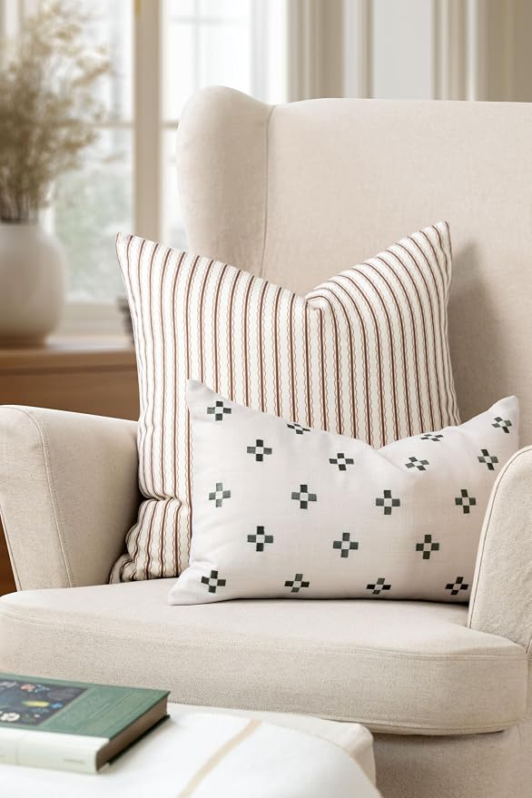 Modern Farmhouse California Casual Indoor Outdoor Lumbar Pillow Cover, 12"x20" Water Repellent for Patio, Backyard, Couch, Poolside, Neutral Green Embroidered Small Squares