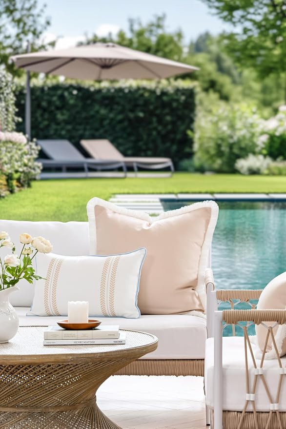 Hofdeco Premium Coastal Hampton Patio Indoor Outdoor Throw Pillow Cover Only, 22"x22" Water Repellent for Backyard, Couch, Poolside, Neutral Tan Print Solid