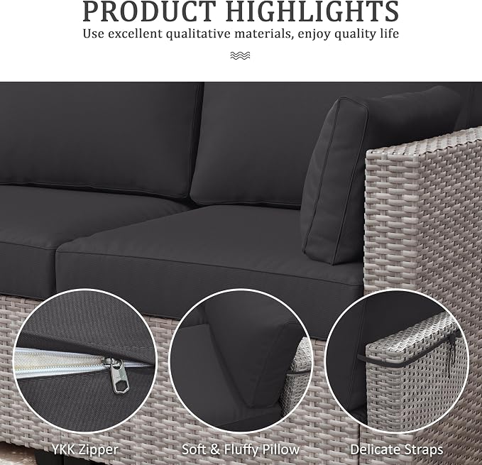 Outdoor Furniture Replacement Cushions, Waterproof Patio Furniture Cushions, 4" Deep Seat Outdoor Sectional Cushion for 3-Seat Outdoors Rattan Sofa Patio Sofa Cushion, Grey
